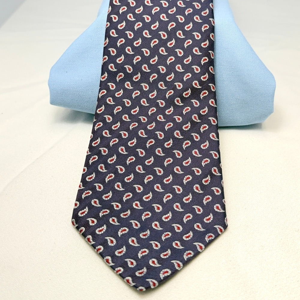 Hermes Vintage Navy Blue and Red Paisley 100% Silk Tie